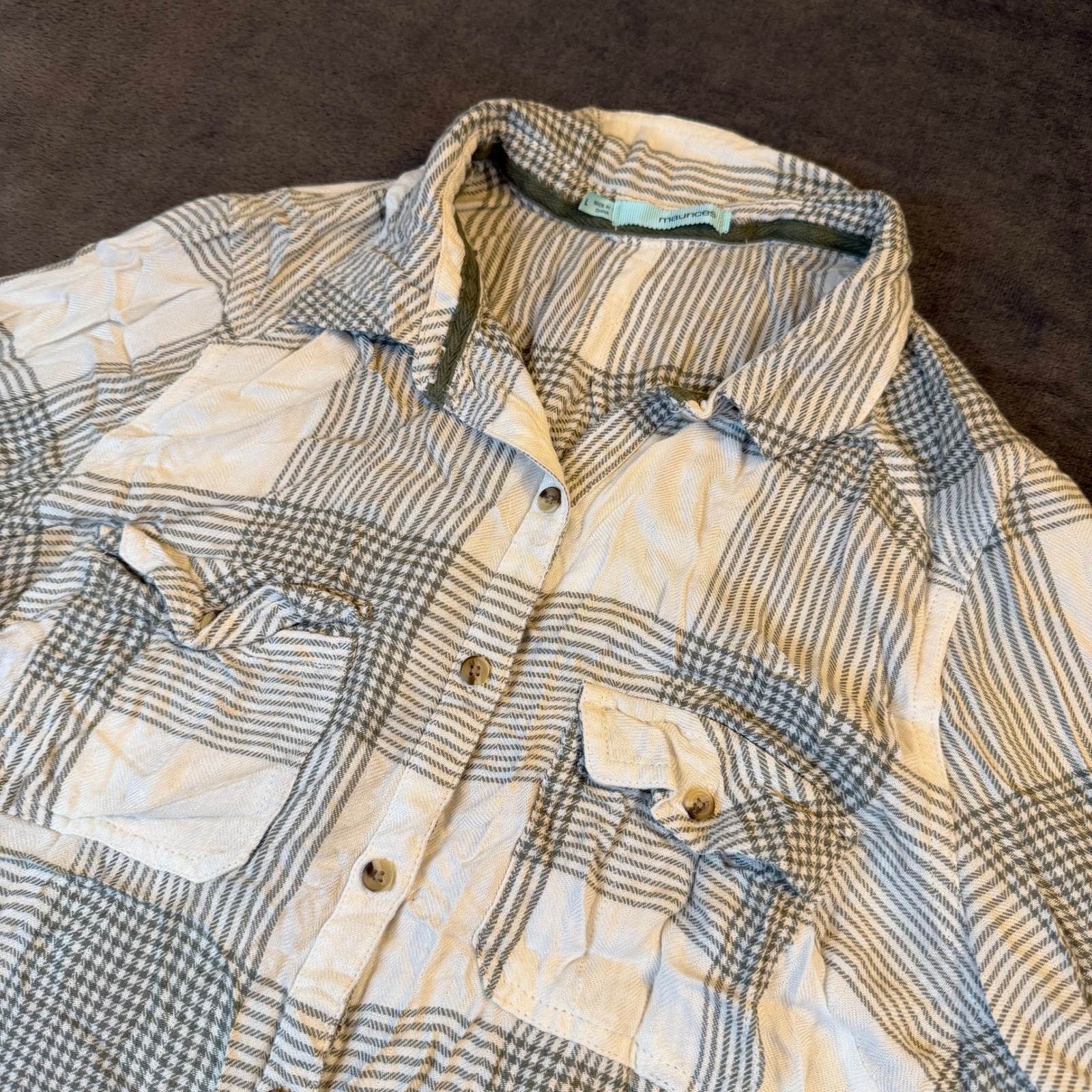 Maurices Plaid Button Down Shirt Womens Large White Green Roll Tab Sleeve